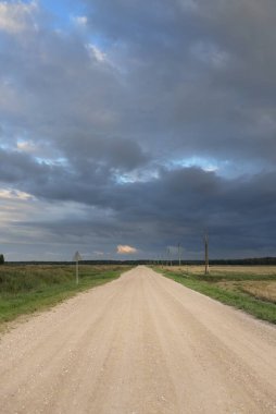 Fırtına sırasında tarımsal tarlalardan ve ormandan geçen boş bir köy yolu. Dramatik gökyüzü, kara bulutlar. Doğa, tatiller, özgürlük, uzak yerler, tehlikeli sürüş, kararsız hava kavramları