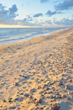 Fırtınadan sonra Baltık kıyıları (kum tepeleri, plaj). Gün batımı, yumuşak altın güneş ışığı, parlayan bulutlar. Resimli panoramik manzara. Doğa, çevre, ekoloji, eko-turizm, yürüyüş, keşif kavramları