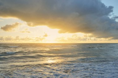 Fırtınadan sonra Baltık kıyıları (kum tepeleri, plaj). Gün batımı, yumuşak altın güneş ışığı, parlayan bulutlar. Resimli panoramik manzara. Doğa, çevre, ekoloji, eko-turizm, yürüyüş, keşif kavramları