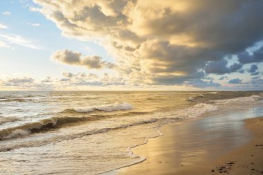 Fırtınadan sonra Baltık kıyıları (kum tepeleri, plaj). Gün batımı, yumuşak altın güneş ışığı, parlayan bulutlar. Resimli panoramik manzara. Doğa, çevre, ekoloji, eko-turizm, yürüyüş, keşif kavramları