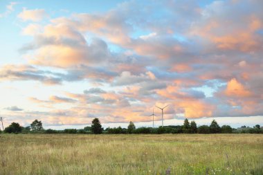 Günbatımında tarlaya sürülen tarla ve ormanın panoramik manzarası. Dramatik gökyüzü, parlayan bulutlar. Doğa, çevre, ekoloji, alternatif enerji ve üretim, uzak yerler. Idyllic kırsal alanı
