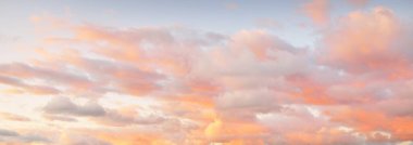Açık mavi gökyüzü, pembe ve altın rengi sirrus ve günbatımında fırtına üstüne kümülüs bulutları. Dramatik bulut manzarası. Sanat, meteoroloji, cennet, umut, barış, grafik kaynakları, resimli panoramik manzara
