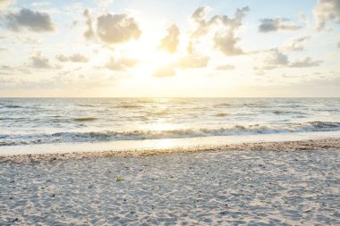 Fırtınadan sonra Baltık kıyıları (kum tepeleri, plaj). Gün batımı, yumuşak altın güneş ışığı, parlayan bulutlar. Resimli panoramik manzara. Doğa, çevre, ekoloji, eko-turizm, yürüyüş, keşif kavramları