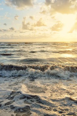 Fırtınadan sonra Baltık kıyıları. Gün batımı, yumuşak altın güneş ışığı, parlayan bulutlar. Resimli panoramik manzara. Doğa, çevre, ekoloji, eko-turizm, yürüyüş, keşif kavramları
