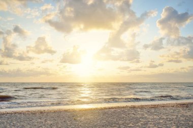 Fırtınadan sonra Baltık kıyıları (kum tepeleri, plaj). Gün batımı, yumuşak altın güneş ışığı, parlayan bulutlar. Resimli panoramik manzara. Doğa, çevre, ekoloji, eko-turizm, yürüyüş, keşif kavramları