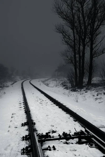 Illuminated snow-covered railway at night. Atmospheric winter landscape. Black and white image. Emptiness, silence, loneliness concepts