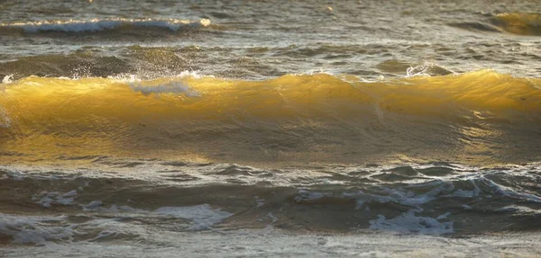 Ostseeküste Nach Dem Sturm Sonnenuntergang Sanftes Goldenes Sonnenlicht Wasseroberflächenstruktur Krachende — Stockfoto