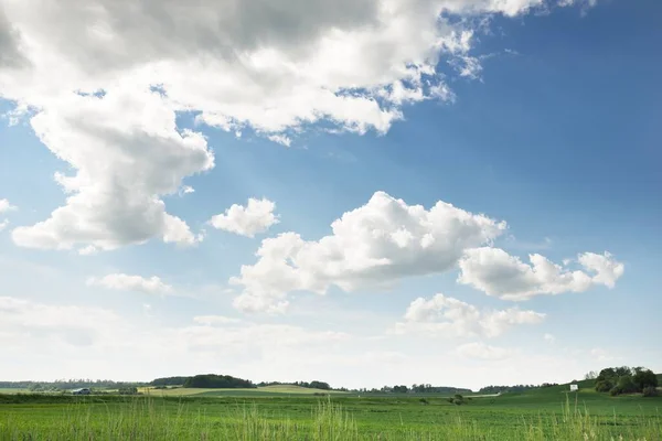 초목으로 뒤덮인 언덕들 여름의 풍경입니다 하늘을 생태관광 파노라마처럼 보이는 — 스톡 사진