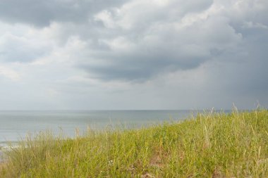 Yağmurdan sonra Baltık kıyıları. Kum tepeleri, kum tepeleri. Dramatik günbatımı gökyüzü, parlayan fırtına bulutları, rüzgar. Resimli panoramik manzara. Doğa, çevre, değişken hava, kasırga