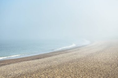 Güneşin doğuşunda sisli bir havada Baltık Denizi manzarası. Kumsal, kum tepeleri. Yumuşak güneş ışığı. Idyllic yaz deniz manzarası. Doğa, çevre, tatiller, eko-turizm, yürüyüş ve keşif kavramları