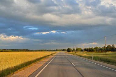 Gün batımında tarım arazisi ve ormanın içinden geçen şehir otoyolu. Fırtınadan sonra dramatik bir gökyüzü. Sonbaharın başında. Yumuşak akşam güneşi. Tatiller, yol gezisi, sürüş, yolculuk