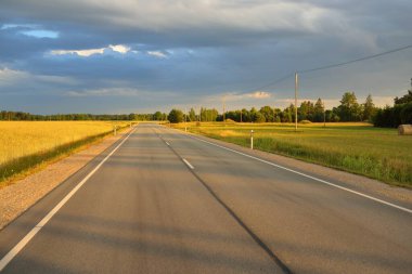 Gün batımında tarım arazisi ve ormanın içinden geçen şehir otoyolu. Fırtınadan sonra dramatik bir gökyüzü. Sonbaharın başında. Yumuşak akşam güneşi. Tatiller, yol gezisi, sürüş, yolculuk