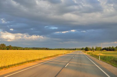 Gün batımında tarım arazisi ve ormanın içinden geçen şehir otoyolu. Fırtınadan sonra dramatik bir gökyüzü. Sonbaharın başında. Yumuşak akşam güneşi. Tatiller, yol gezisi, sürüş, yolculuk