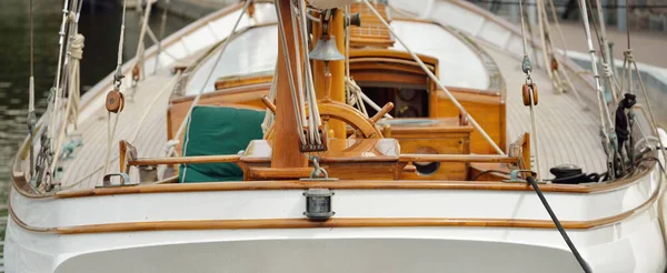 Expensive Retro Sailing Boat Ketch Moored Pier New Yacht Marina — Stock Photo, Image