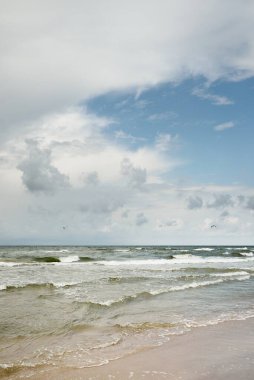 Fırtınadan sonra Baltık kıyıları (kum tepeleri, plaj). Dramatik gökyüzü, parlayan bulutlar. Resimli panoramik manzara. Doğa, çevre, ekoloji, eko-turizm, yürüyüş, keşif kavramları
