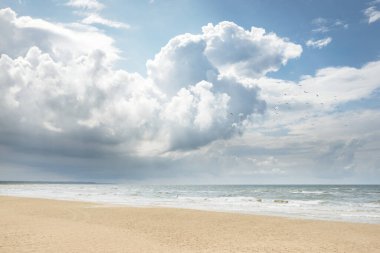 Fırtınadan sonra Baltık kıyıları (kum tepeleri, plaj). Dramatik gökyüzü, parlayan bulutlar. Resimli panoramik manzara. Doğa, çevre, ekoloji, eko-turizm, yürüyüş, keşif kavramları