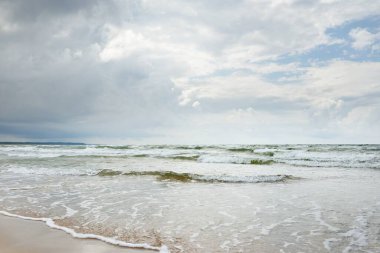 Fırtınadan sonra Baltık kıyıları (kum tepeleri, plaj). Dramatik gökyüzü, parlayan bulutlar. Resimli panoramik manzara. Doğa, çevre, ekoloji, eko-turizm, yürüyüş, keşif kavramları