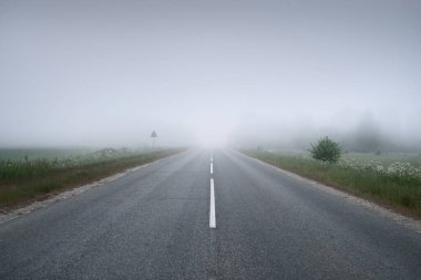 Gün doğumunda yoğun bir sis altında tarlalar ve ormanın içinden (asfalt yol) boş bir otoyol. Atmosferik manzara. Idyllic yaz kırsal manzarası. Dengesiz hava, tehlikeli sürüş, yol gezisi