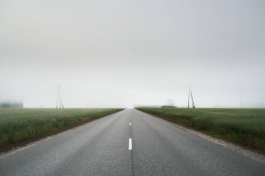 Gün doğumunda yoğun bir sis altında tarlalar ve ormanın içinden (asfalt yol) boş bir otoyol. Atmosferik manzara. Idyllic yaz kırsal manzarası. Dengesiz hava, tehlikeli sürüş, yol gezisi