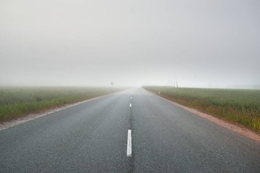 Gün doğumunda yoğun bir sis altında tarlalar ve ormanın içinden (asfalt yol) boş bir otoyol. Atmosferik manzara. Idyllic yaz kırsal manzarası. Dengesiz hava, tehlikeli sürüş, yol gezisi