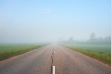 Gün doğumunda sisli bir havada tarlalar ve orman boyunca (asfalt yol) boş bir otoyol. Atmosferik manzara. Idyllic yaz kırsal manzarası. Döneklik havası, tehlikeli sürüş, yol gezisi, tatiller