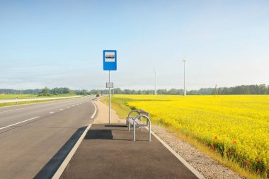 Otobüs durağı ve karayolu (yeni asfalt yolu) yeşil orman çayırı boyunca ve güneş doğarken açan sarı kolza tohumu tarlasında. Sis, yumuşak güneş ışığı. Ulaşım, uzak yerler, tatiller