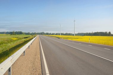 Gün doğumunda çiçek açan kolza tohumu tarlasında ve ormanda otoyol. Rüzgar türbini jeneratörleri (çiftlik). Ulaşım, eko-turizm, ekoloji, yenilenebilir enerji, teknoloji, altyapı, doğada güç