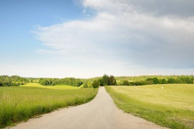Gün batımında orman ve tarla boyunca boş bir kırsal yol. Yağmurdan sonra parlayan gökyüzü. Turizm, yol gezisi, özgürlük, tatiller, lojistik, uzak yerler kavramları