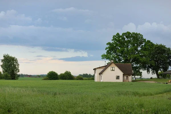 Modernes Landhaus Ferienhaus Auf Einer Grünen Waldwiese Dramatischer Himmel Idyllische — Stockfoto