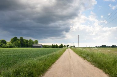 Fırtınadan sonra tarladan geçen boş köy yolu. Arabadan bir manzara. Idyllic kırsal kesim. Renkli, parlayan günbatımı bulutları. Ulaşım, yolculuk, özgürlük, seyahat tutkusu, uzak yerler kavramları.