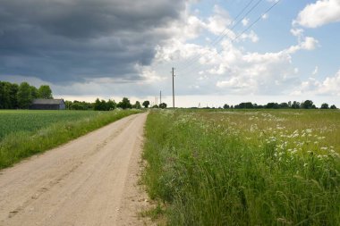 Fırtınadan sonra tarladan geçen boş köy yolu. Arabadan bir manzara. Idyllic kırsal kesim. Renkli, parlayan günbatımı bulutları. Ulaşım, yolculuk, özgürlük, seyahat tutkusu, uzak yerler kavramları.