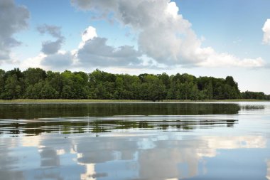 Kristal berrak bir orman gölü (nehir) kıyısından panoramik manzara. Idyllic yaz manzarası. Doğa, çevre, ekoloji, eko-turizm, yürüyüş, tatiller, yüzme ve rahatlatıcı kavramlar