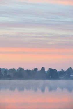 Orman Gölü (nehir) gün doğumunda sisli bir havada. Sudaki simetri yansımaları, doğal ayna. Açık pembe gökyüzü. Resimli panoramik manzara. Doğa, çevre koruma, yaz tatilleri