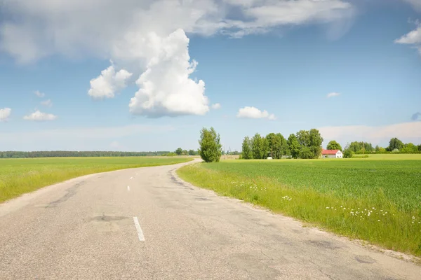 Tarımsal alan ve ormanın içinden geçen ülke otoyolu. Fırtınadan sonra dramatik bir gökyüzü. Yazın kırsal alanda. Yumuşak güneş ışığı. Tatiller, yol gezisi, sürüş, yolculuk