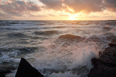 Mavi gökyüzünün altında, parlak pembe ve altın renkli günbatımı bulutlarıyla Baltık deniz kıyısında. Kaya kıyısı, dalgalar. Dalgalar çarpıyor. - Letonya. Doğa, çevre koruma, eko-turizm. Resim gibi bir manzara.