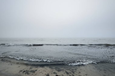 Kumlu sahilden Baltık Denizi 'nin panoramik manzarası. Kalın beyaz sis, sis. Dalgalar, su sıçramaları. Deniz Burnu. Hava, iklim değişikliği, doğa, tehlike, gemi enkazı kavramları. Resimli monokrom manzarası