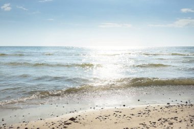Baltık deniz kıyısı. Açık mavi gökyüzü. Yumuşak güneş ışığı. Kumsal, kum tepeleri, çakıl taşları. Saf doğa, çevre koruma, ekoloji, eko-turizm, yürüyüş, yaz tatili, dinlenme. Panoramik görünüm