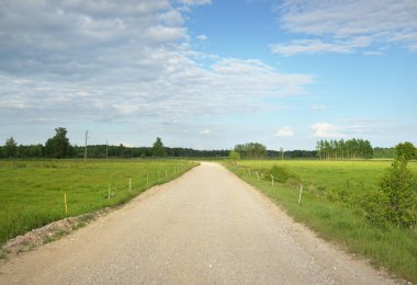Güneşli bir yaz gününde yeşil tarlalar ve orman boyunca boş bir kırsal yol. Dramatik bir gökyüzü. Arka planda elektrik hattı var. Nida, Litvanya. Doğa, yerel turizm, uzak yerler, lojistik