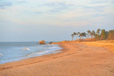 Gün batımında Baltık kıyıları (kum tepeleri). Yumuşak güneş ışığı, berrak gökyüzü, parlayan bulutlar, dalgalar. Idyllic deniz manzarası. Ziemelu Mols, Liepaja, Letonya, Avrupa. Seyahat yerleri, eko-turizm, doğa