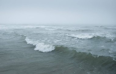Kalın beyaz bir sis içinde Baltık Denizi. Dalgalar, su sıçratma, fırtına. Doğal dokular. Resimli panoramik monokrom manzarası, deniz manzarası. Doğa, çevre, sert hava, tehlike. Turkuaz rengi