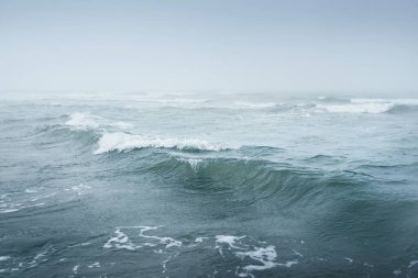 Kalın beyaz bir sis içinde Baltık Denizi. Dalgalar, su sıçratma, fırtına. Doğal dokular. Resimli panoramik monokrom manzarası, deniz manzarası. Doğa, çevre, sert hava, tehlike. Turkuaz rengi