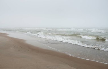 Kalın beyaz bir sis içinde Baltık Denizi. Dalgalar, su sıçratma, fırtına. Doğal dokular. Resimli panoramik monokrom manzarası, deniz manzarası. Doğa, çevre, sert hava, gemi enkazı, tehlike