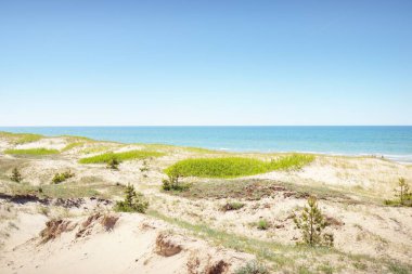 Güneşli bir günde Baltık kıyılarının panoramik manzarası. Açık mavi gökyüzü, kum tepeleri, kum tepeleri, turkuaz su. Yaz manzarası. Doğa, ekoloji. Eko-turizm, yürüyüş. Eğlence, yerel seyahat.