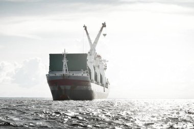 Geniş, modern bir yük vinci (142 metre uzunluğunda) açık denizde yol alır. Nakliye, deniz taşımacılığı, lojistik, küresel iletişim, ekonomi, iş, endüstri. Panoramik görünüm