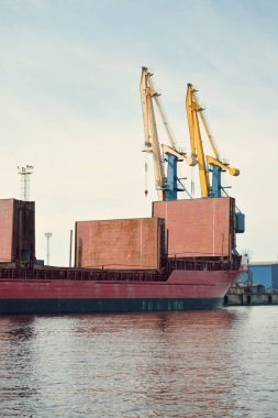 Liman terminalinde büyük bir kargo gemisi yükleniyor, arka planda vinçler var. Yük taşımacılığı, lojistik, küresel iletişim, ekonomi, ticaret, sanayi, özel ekipman