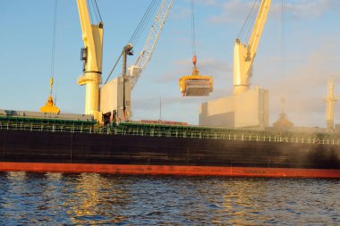 Liman terminalinde vinçleri yükleyen büyük bir yük gemisi (179 metre uzunluğunda). Baltık Denizi. Nakliye, lojistik, küresel iletişim, ekonomi, ticaret, sanayi, arz