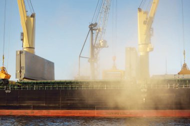 Liman terminalinde vinçleri yükleyen büyük bir yük gemisi (179 metre uzunluğunda). Baltık Denizi. Nakliye, lojistik, küresel iletişim, ekonomi, ticaret, sanayi, arz