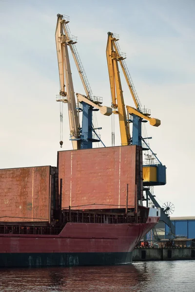大規模な貨物船のポートターミナルでは 背景にクレーンをロードします 貨物輸送 グローバル通信 ビジネス 特殊機器 — ストック写真