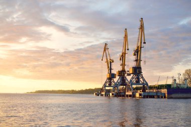 Riga, Letonya 'daki modern kargo limanı terminali. Vinçler yakın plan. Dramatik bir gökyüzü. Baltık Denizi. Yük taşımacılığı, lojistik, küresel iletişim, ekonomi, ticaret, sanayi, arz, özel ekipman