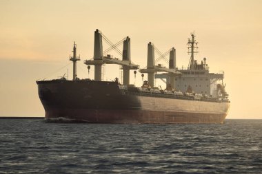 Büyük bir kargo gemisi (179.99 metre uzunluğunda) gün batımında Baltık Denizi 'nde yol alır. Nakliye, lojistik, küresel iletişim, ekonomi, sanayi, arz, çevre